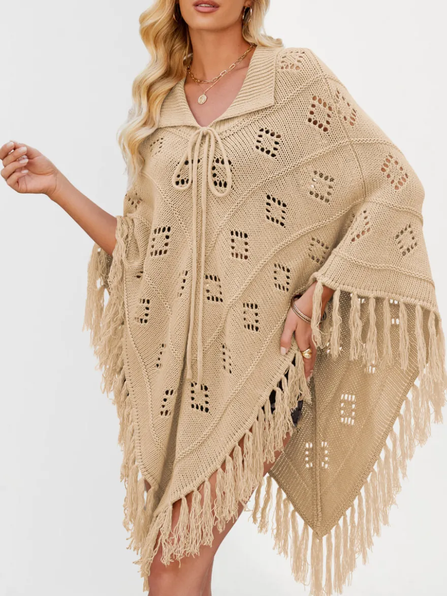 Poncho/châle/cape de plage oversize à franges et pompons en maille losange ajourée cordon de serrage cape
