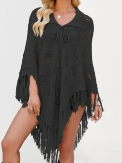 Poncho/châle/cape de plage oversize à franges et pompons en maille losange ajourée cordon de serrage cape