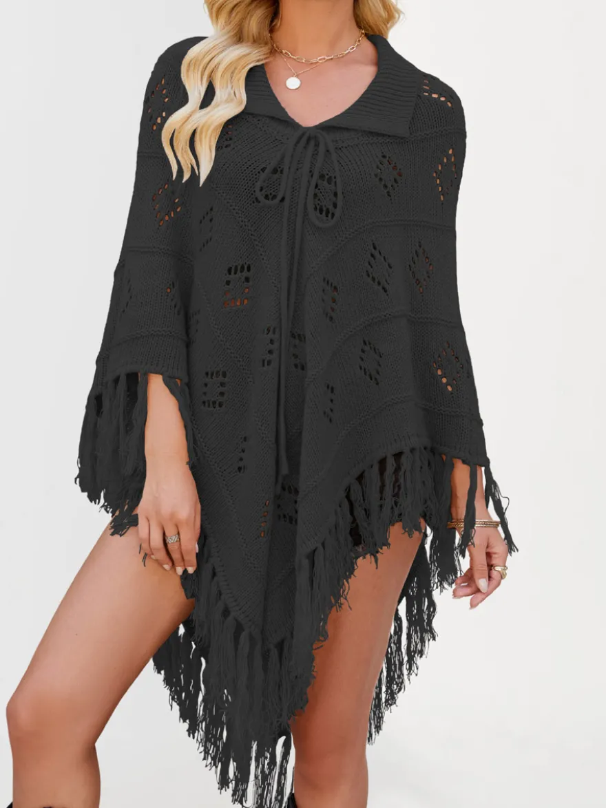 Poncho/châle/cape de plage oversize à franges et pompons en maille losange ajourée cordon de serrage cape