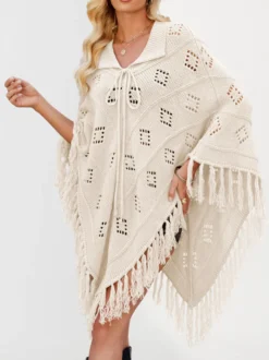 Poncho/châle/cape de plage oversize à franges et pompons en maille losange ajourée cordon de serrage cape