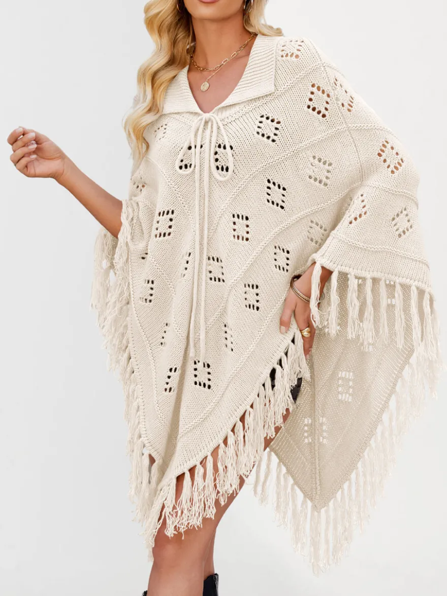 Poncho/châle/cape de plage oversize à franges et pompons en maille losange ajourée cordon de serrage cape