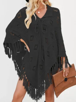 Poncho/châle/cape de plage oversize à franges et pompons en maille losange ajourée cordon de serrage cape