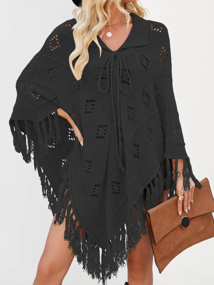 Poncho/châle/cape de plage oversize à franges et pompons en maille losange ajourée cordon de serrage cape