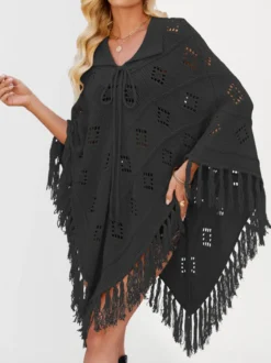 Poncho/châle/cape de plage oversize à franges et pompons en maille losange ajourée cordon de serrage cape