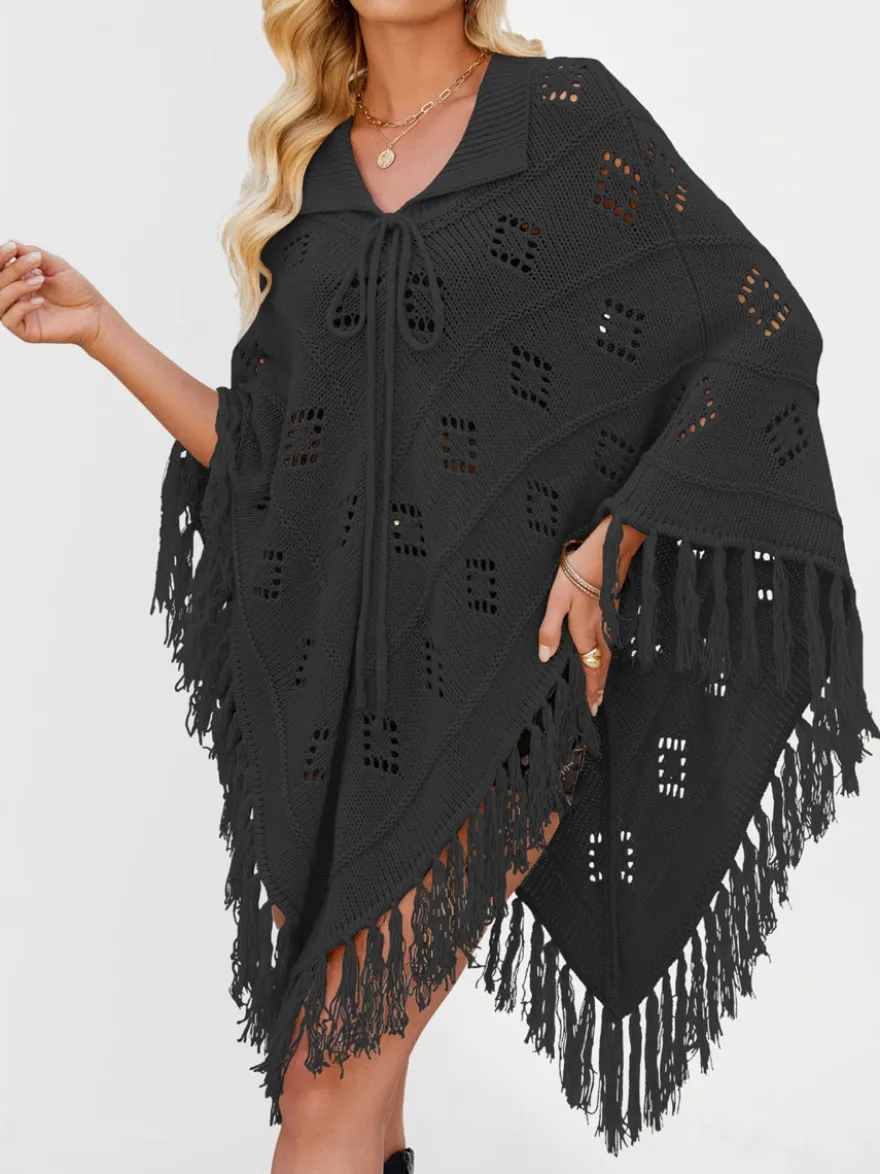 Poncho/châle/cape de plage oversize à franges et pompons en maille losange ajourée cordon de serrage cape