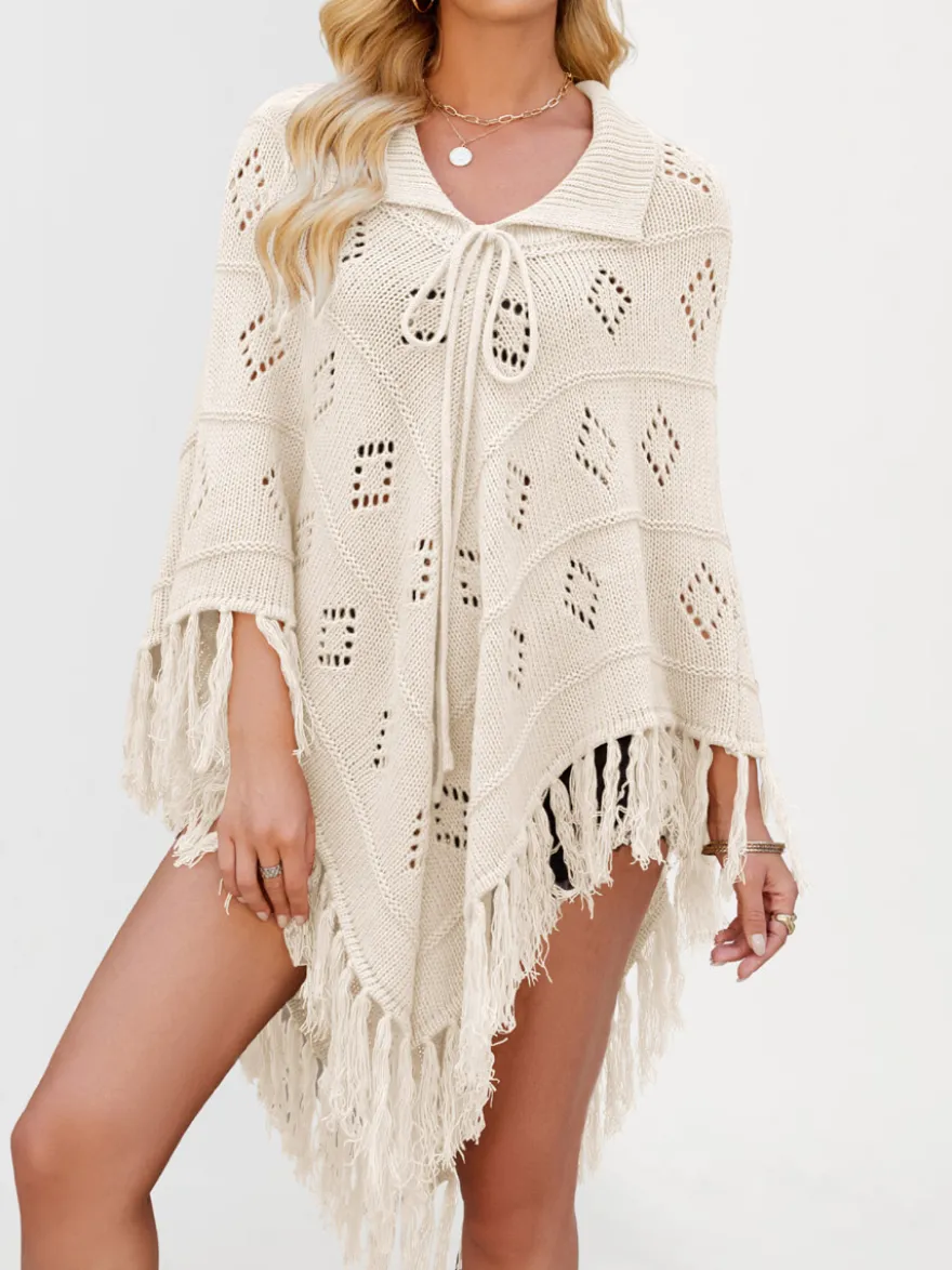 Poncho/châle/cape de plage oversize à franges et pompons en maille losange ajourée cordon de serrage cape