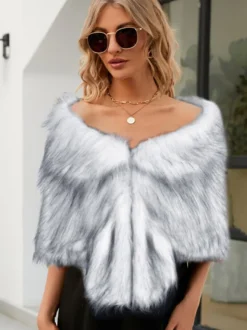 Poncho Femme Col Bateau Cape Fausse Fourrure Kaki