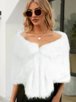 Poncho Femme Col Bateau Cape Fausse Fourrure Kaki