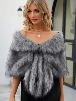 Poncho Femme Col Bateau Cape Fausse Fourrure Kaki