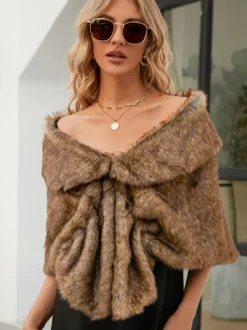 Poncho Femme Col Bateau Cape Fausse Fourrure Kaki