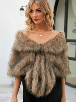 Poncho Femme Col Bateau Cape Fausse Fourrure Kaki