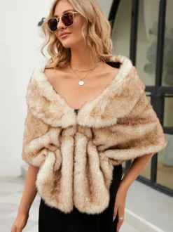 Poncho Femme Col Bateau Cape Fausse Fourrure Kaki