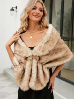 Poncho Femme Col Bateau Cape Fausse Fourrure Kaki