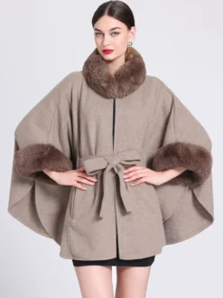 Poncho Femme Col Montant Cape Oversize Fausse Fourrure Gris Clair