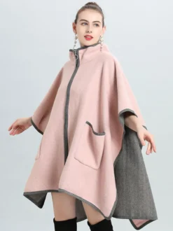Poncho Femme Manteau Bicolore Col Montant Beige Chaud Cape