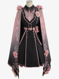 Poncho Lolita militaire Chaînes en polyester noir Brodé imprimé floral Vêtements d'extérieur Lolita