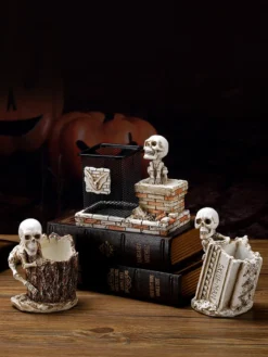 Porte-stylo en résine en forme de tête de mort pour Halloween