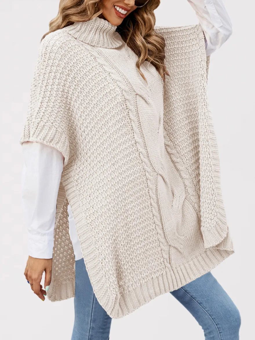 Pull ample décontracté à col montant en maille style cape sans manches en fil épais torsadé.