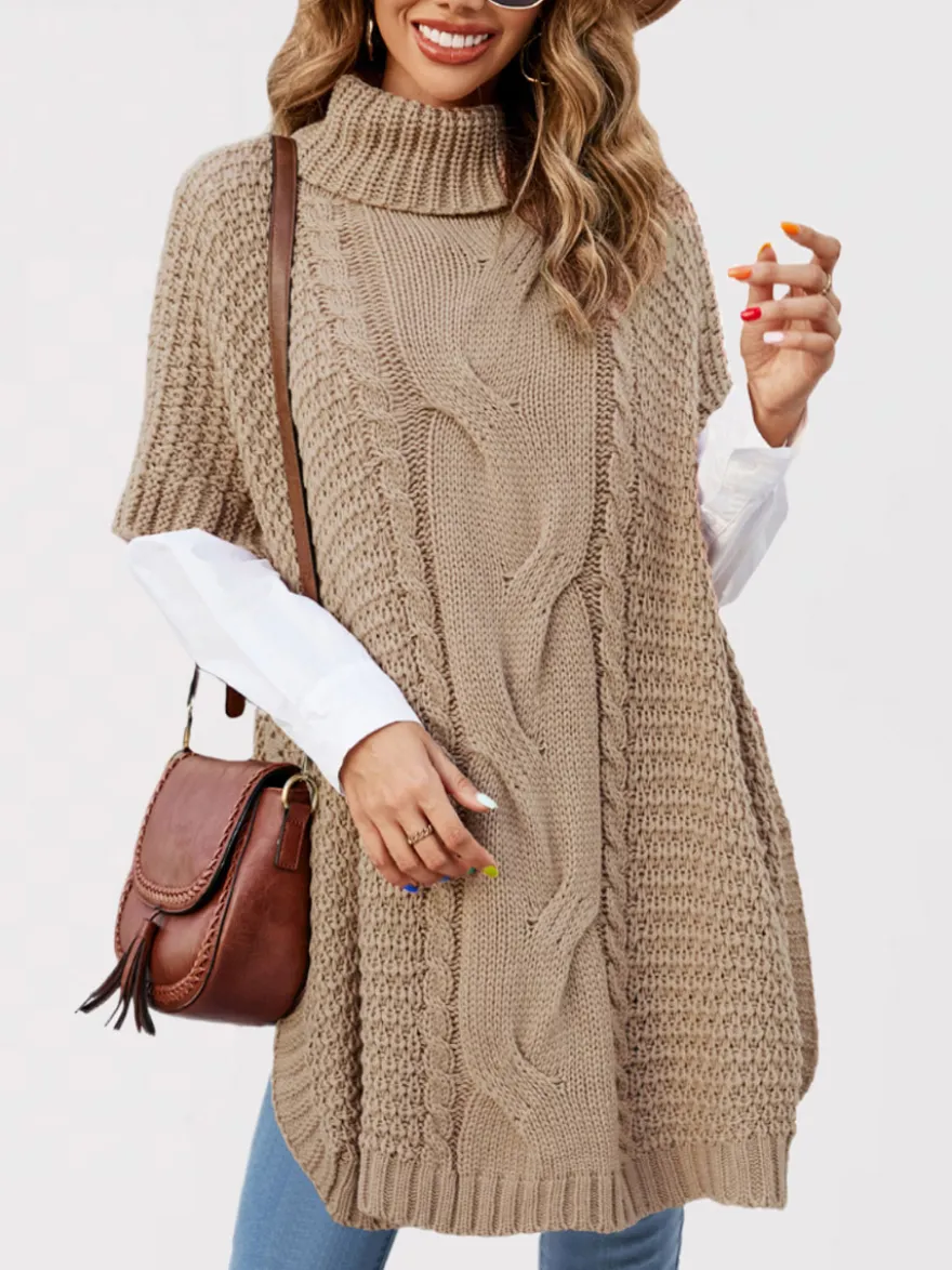 Pull ample décontracté à col montant en maille style cape sans manches en fil épais torsadé.