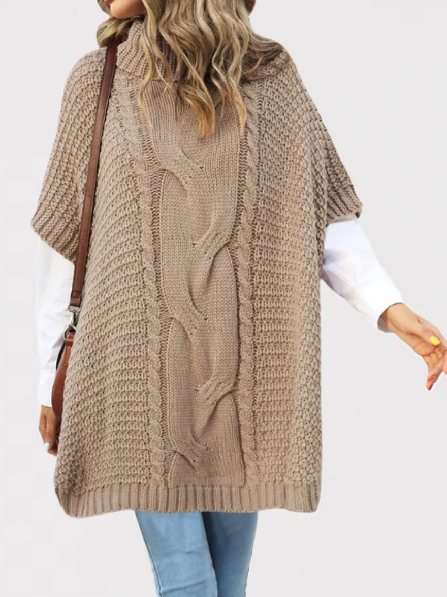 Pull ample décontracté à col montant en maille style cape sans manches en fil épais torsadé.