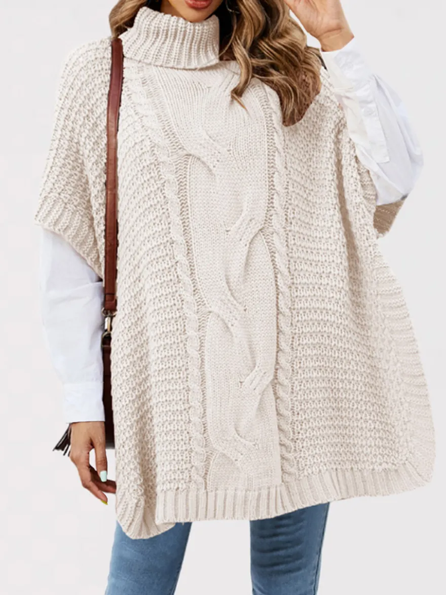 Pull ample décontracté à col montant en maille style cape sans manches en fil épais torsadé.