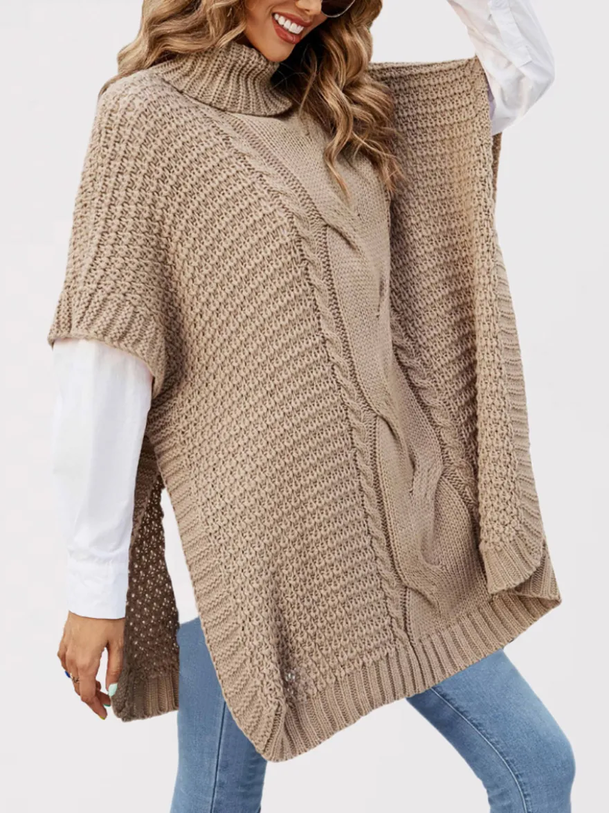Pull ample décontracté à col montant en maille style cape sans manches en fil épais torsadé.
