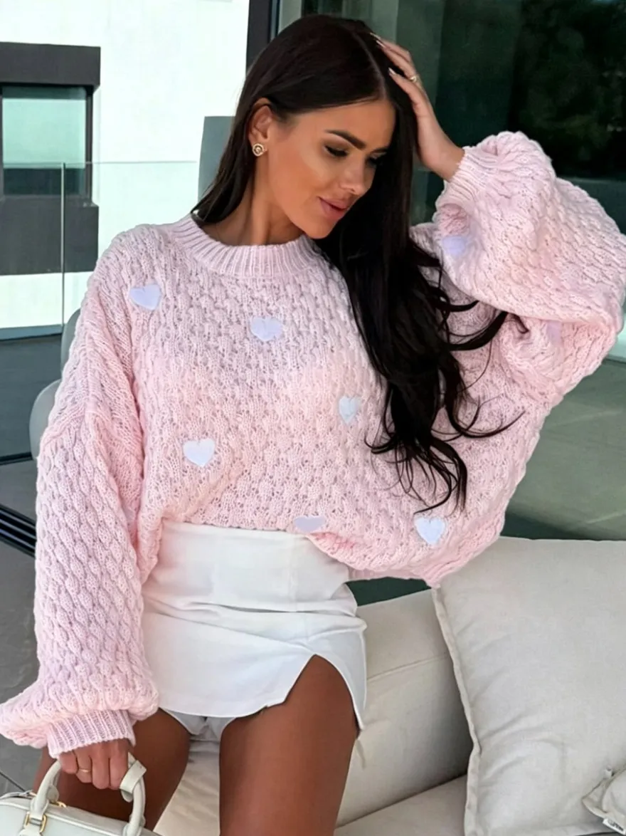 Pull à col rond en maille lâche manches longues motif jacquard à cœur style décontracté.