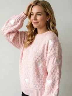 Pull à col rond en maille lâche manches longues motif jacquard à cœur style décontracté.