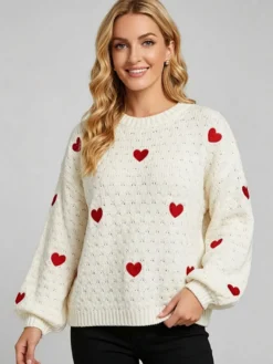 Pull à col rond en maille lâche manches longues motif jacquard à cœur style décontracté.
