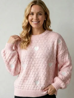 Pull à col rond en maille lâche manches longues motif jacquard à cœur style décontracté.