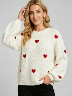 Pull à col rond en maille lâche manches longues motif jacquard à cœur style décontracté.