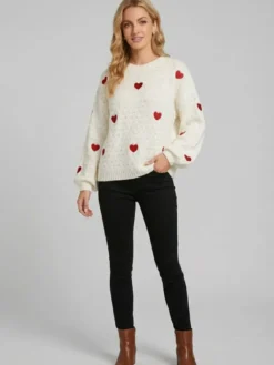 Pull à col rond en maille lâche manches longues motif jacquard à cœur style décontracté.