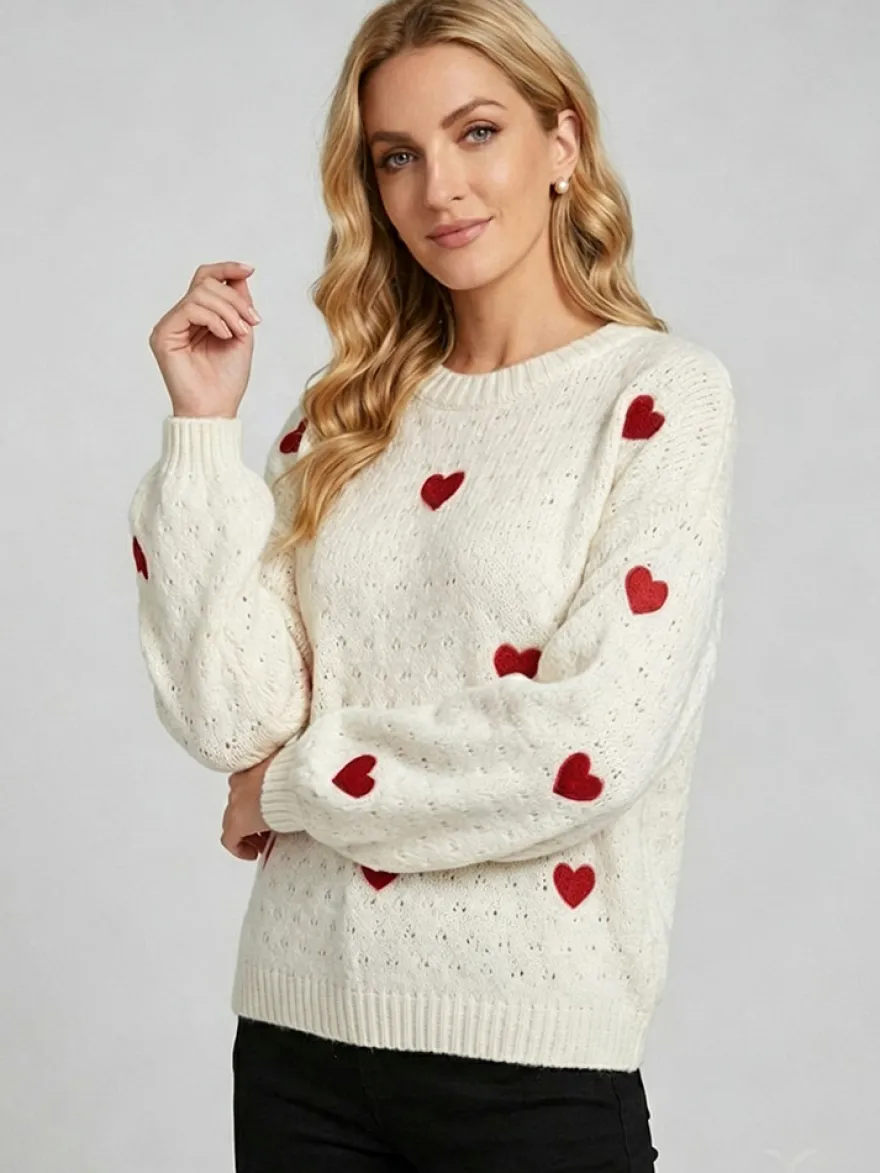 Pull à col rond en maille lâche manches longues motif jacquard à cœur style décontracté.