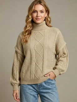 Pull à col roulé en maille torsadée manches amovibles superposées manches longues amples
