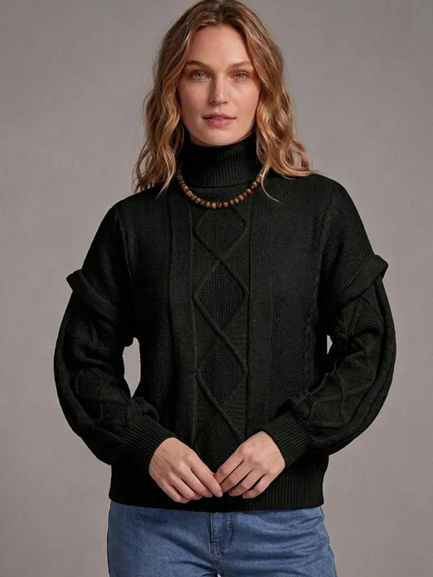 Pull à col roulé en maille torsadée manches amovibles superposées manches longues amples