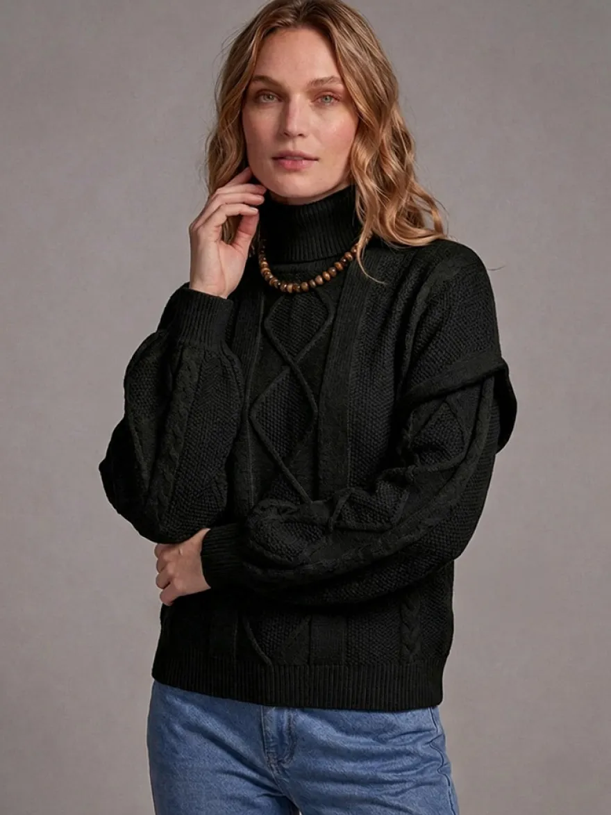 Pull à col roulé en maille torsadée manches amovibles superposées manches longues amples