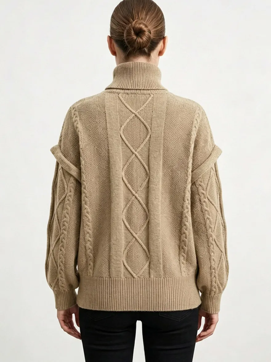 Pull à col roulé en maille torsadée manches amovibles superposées manches longues amples
