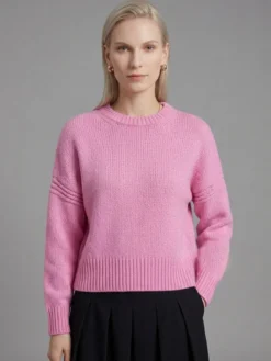 Pull court à col rond épaules tombantes manches longues coupe ample couleur unie pour femme