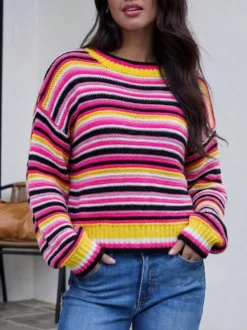 Pull court décontracté à rayures colorées et col rond manches longues style oversize pour femme