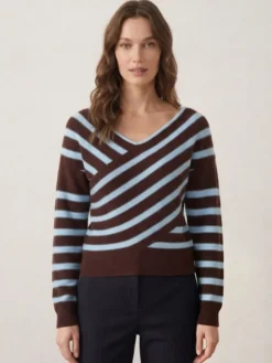 Pull court à rayures diagonales col en V manches longues coupe ajustée style décontracté pour femme