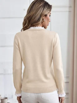 Pull en maille à col montant et bordure en dentelle manches longues couleur unie style décontracté