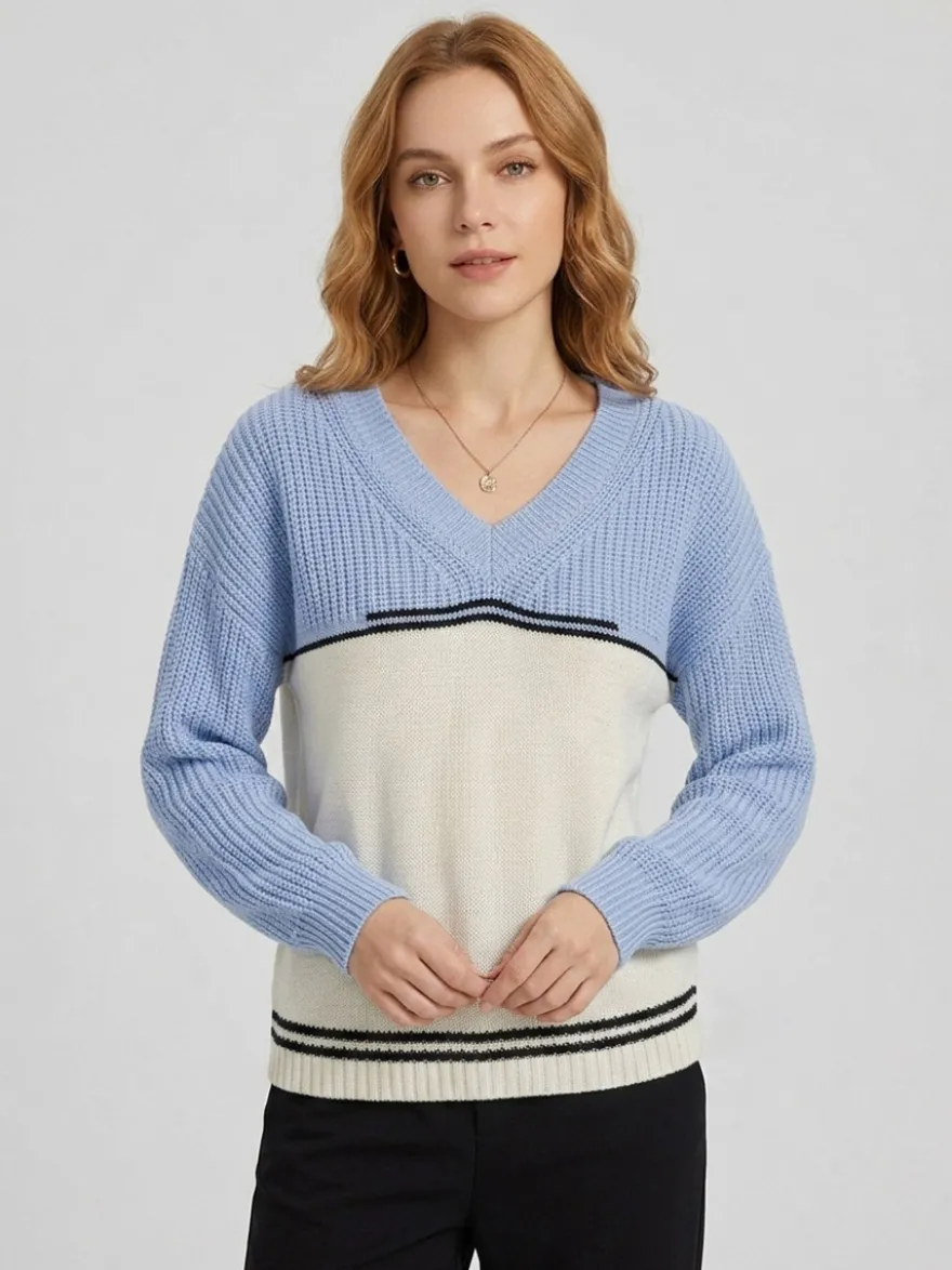 Pull en maille color block à col V ourlet rayé fentes latérales manches longues