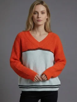 Pull en maille color block à col V ourlet rayé fentes latérales manches longues