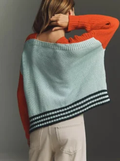Pull en maille color block à col V ourlet rayé fentes latérales manches longues