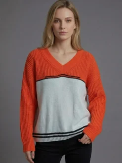 Pull en maille color block à col V ourlet rayé fentes latérales manches longues