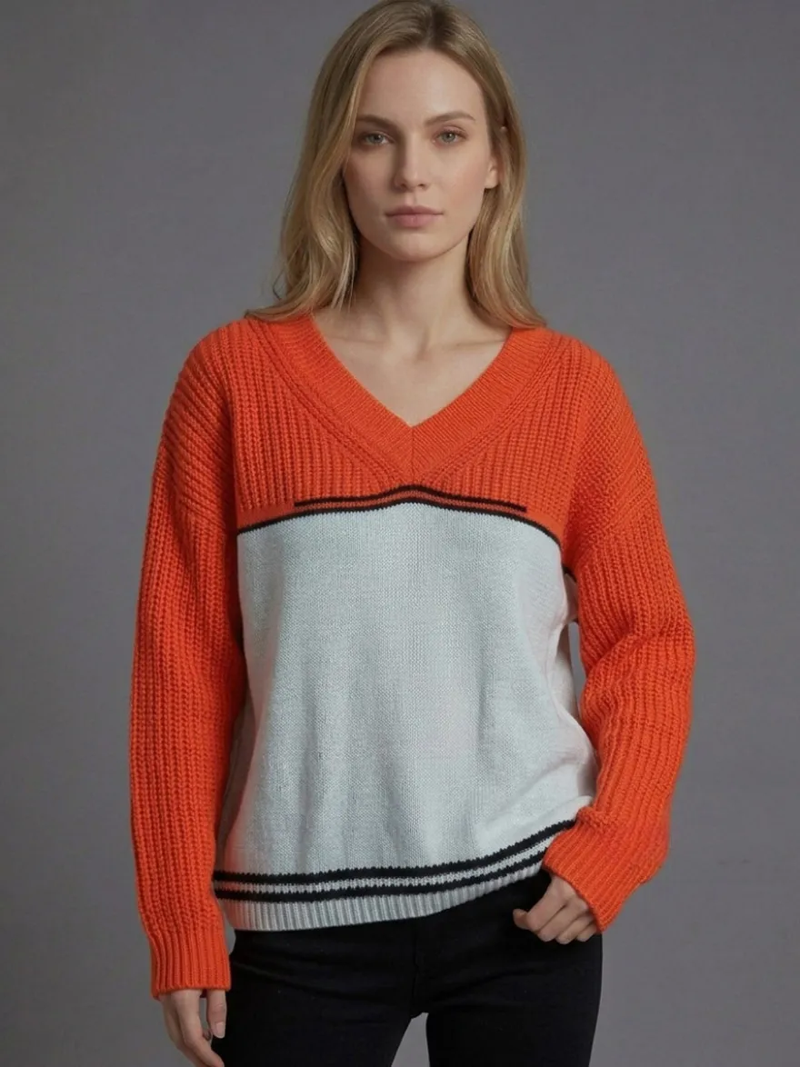 Pull en maille color block à col V ourlet rayé fentes latérales manches longues