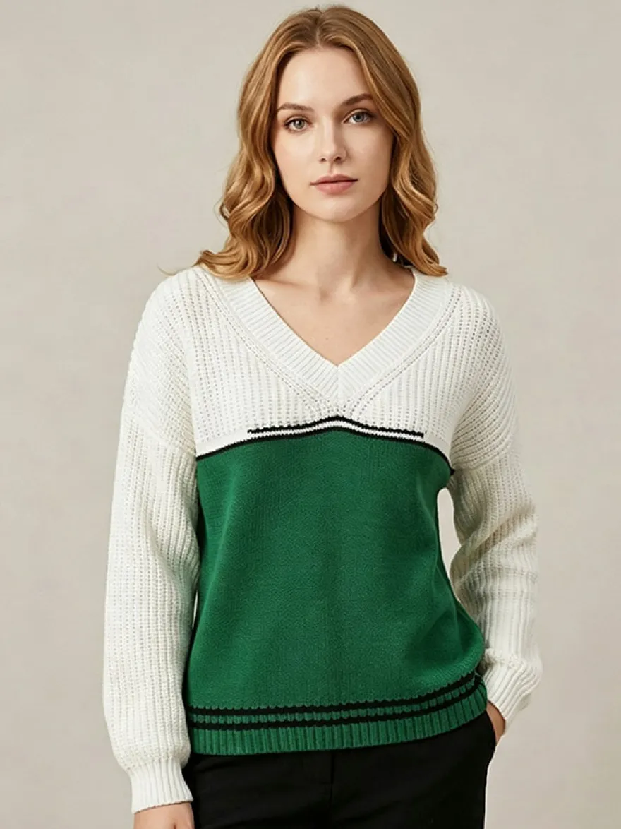 Pull en maille color block à col V ourlet rayé fentes latérales manches longues