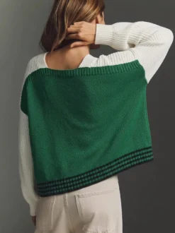 Pull en maille color block à col V ourlet rayé fentes latérales manches longues