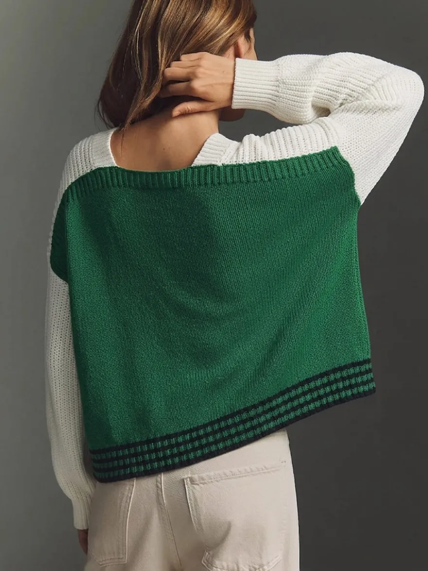 Pull en maille color block à col V ourlet rayé fentes latérales manches longues