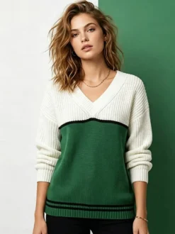 Pull en maille color block à col V ourlet rayé fentes latérales manches longues
